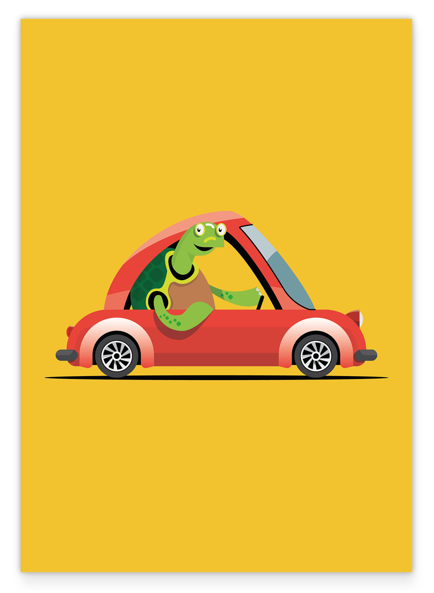 Sandra Schildkröte, Bunte Auto-Zeichnung, Illustration für Kinder, Süße Dekoration für Zuhause