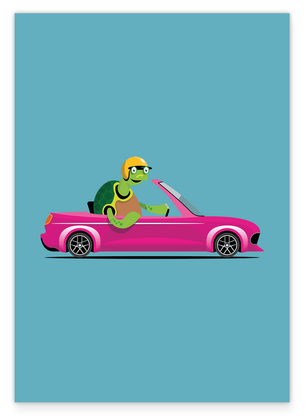 Sebastian Schildkröte, Rennauto, Süße Zeichnung, Illustration für Kinder, Bunte Deko für Zuhause