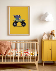 After Hover: Emil Elefant, Auto-Zeichnung, Monstertruck, Lustige Illustration für Kinder, Bunte Dekoration für Zuhause