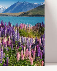 After Hover: Blumenwiese in blauer Bergsee-Landschaft