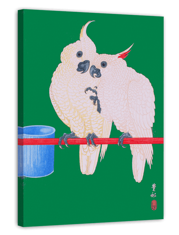 Ohara Koson - Zwei Kakadus vor grünem Hintergrund