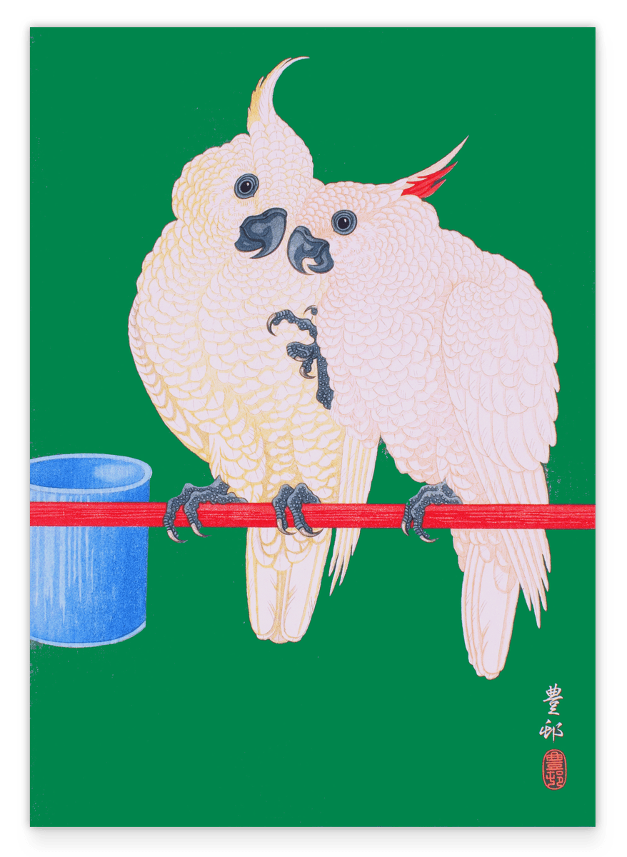 Ohara Koson - Zwei Kakadus vor grünem Hintergrund