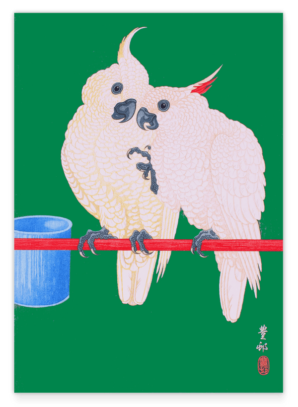 Ohara Koson - Zwei Kakadus vor grünem Hintergrund