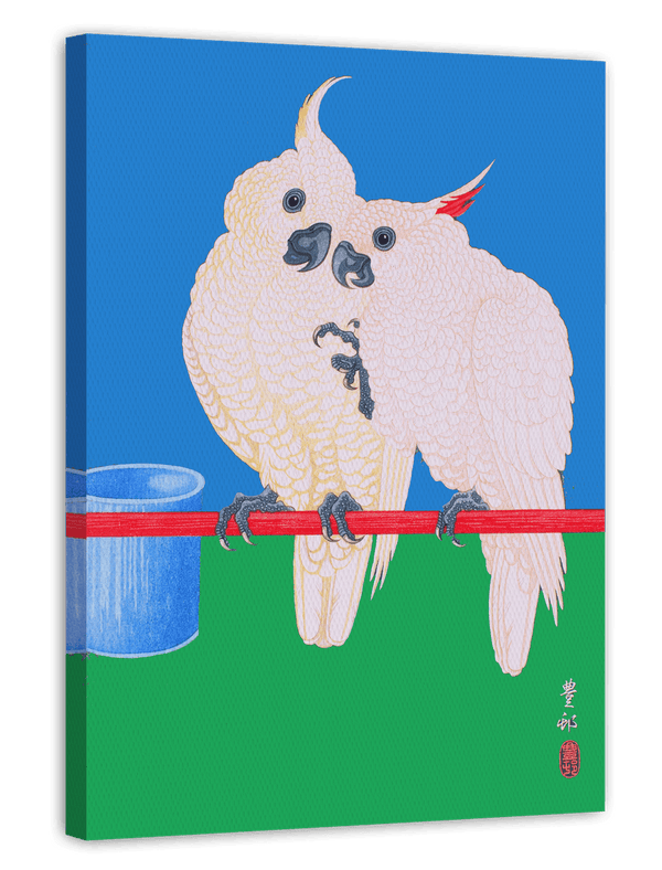Ohara Koson - Zwei Kakadus auf buntem Hintergrund