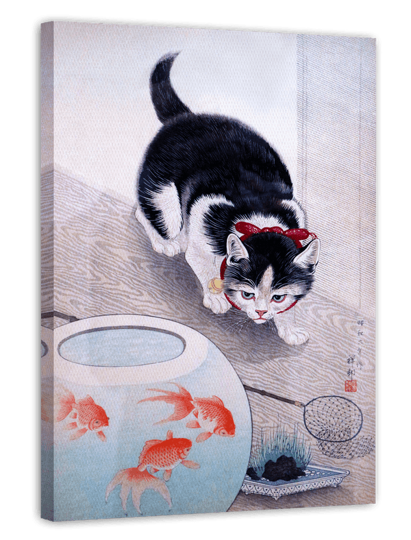 Ohara Koson - Lauernde Katze vor Fischglas