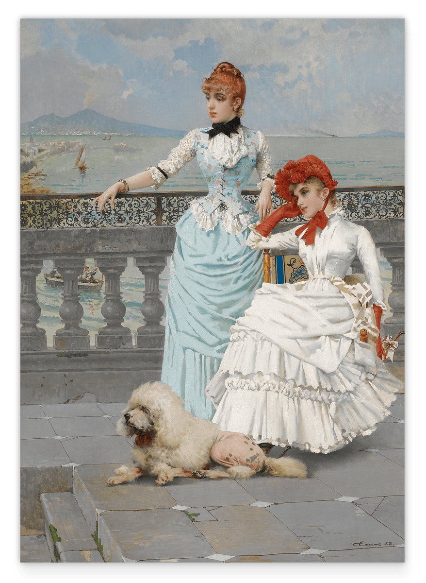 Vittorio Matteo Corcos - Zwei Frauen in edlen Kleidern mt Hund am Wasser