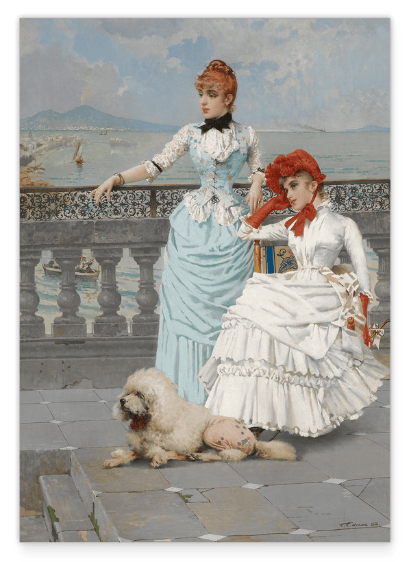 Vittorio Matteo Corcos - Zwei Frauen in edlen Kleidern mt Hund am Wasser