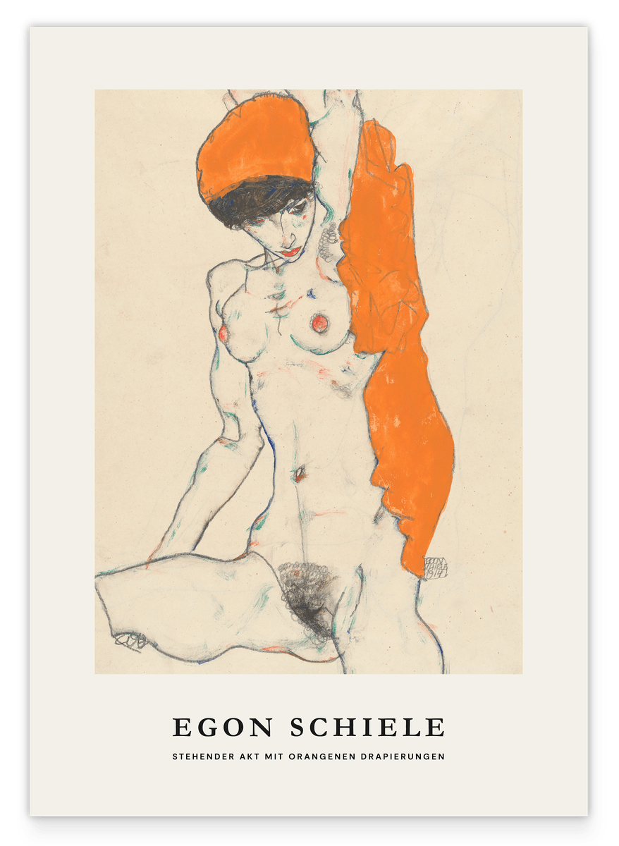 Egon Schiele - Museum-Poster I Stehender Akt mit orangenen Drapierungen