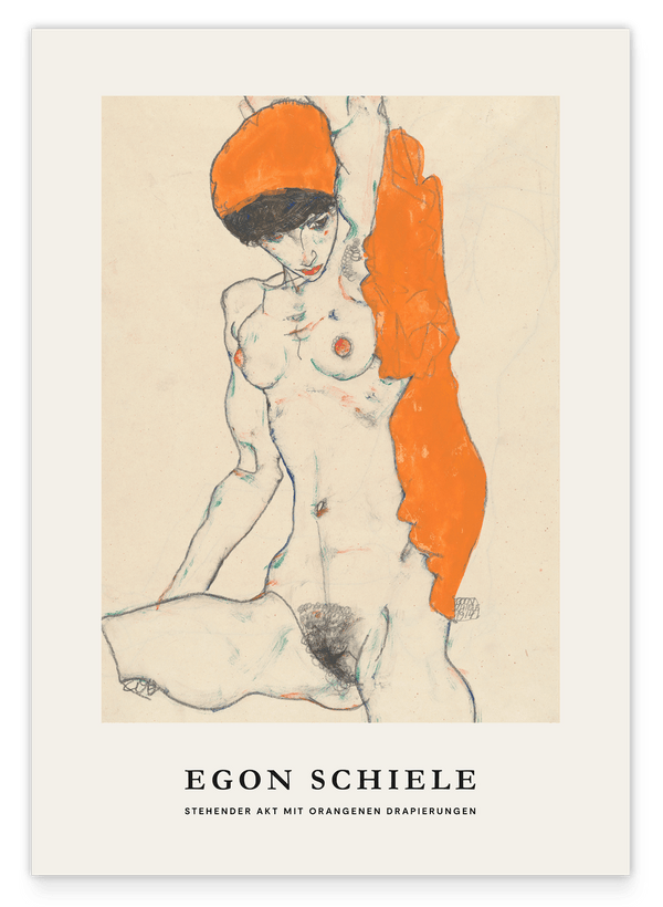 Egon Schiele - Museum-Poster I Stehender Akt mit orangenen Drapierungen