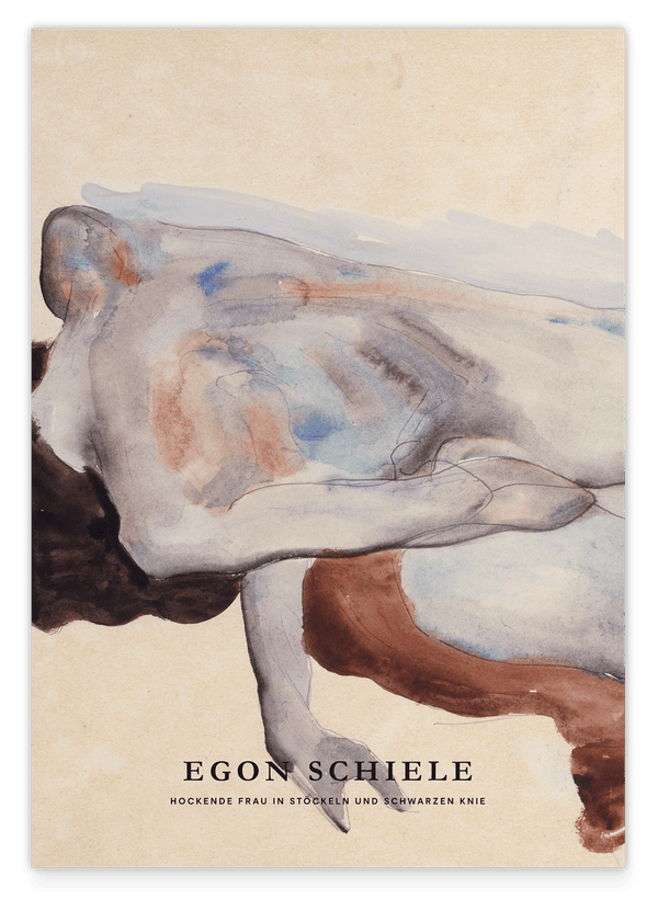 Egon Schiele - Museum-Poster II Hockende nackte Frau in Stöckeln und schwarzen Kniestrümpfen