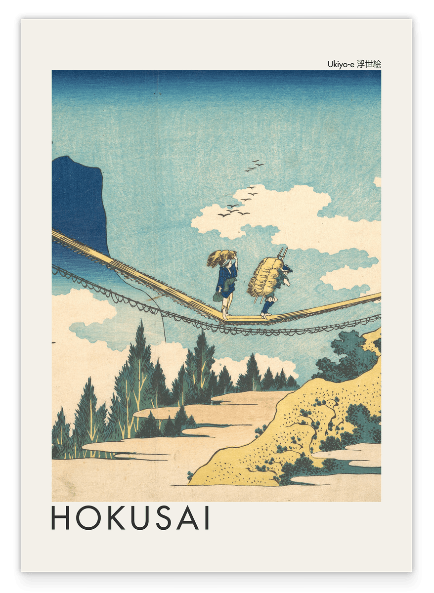Katsushika Hokusai - Museum-Poster Die Hängebrücke an der Grenze der Hida und Etchū Provinzen (Hietsu no sakai tsuribashi)