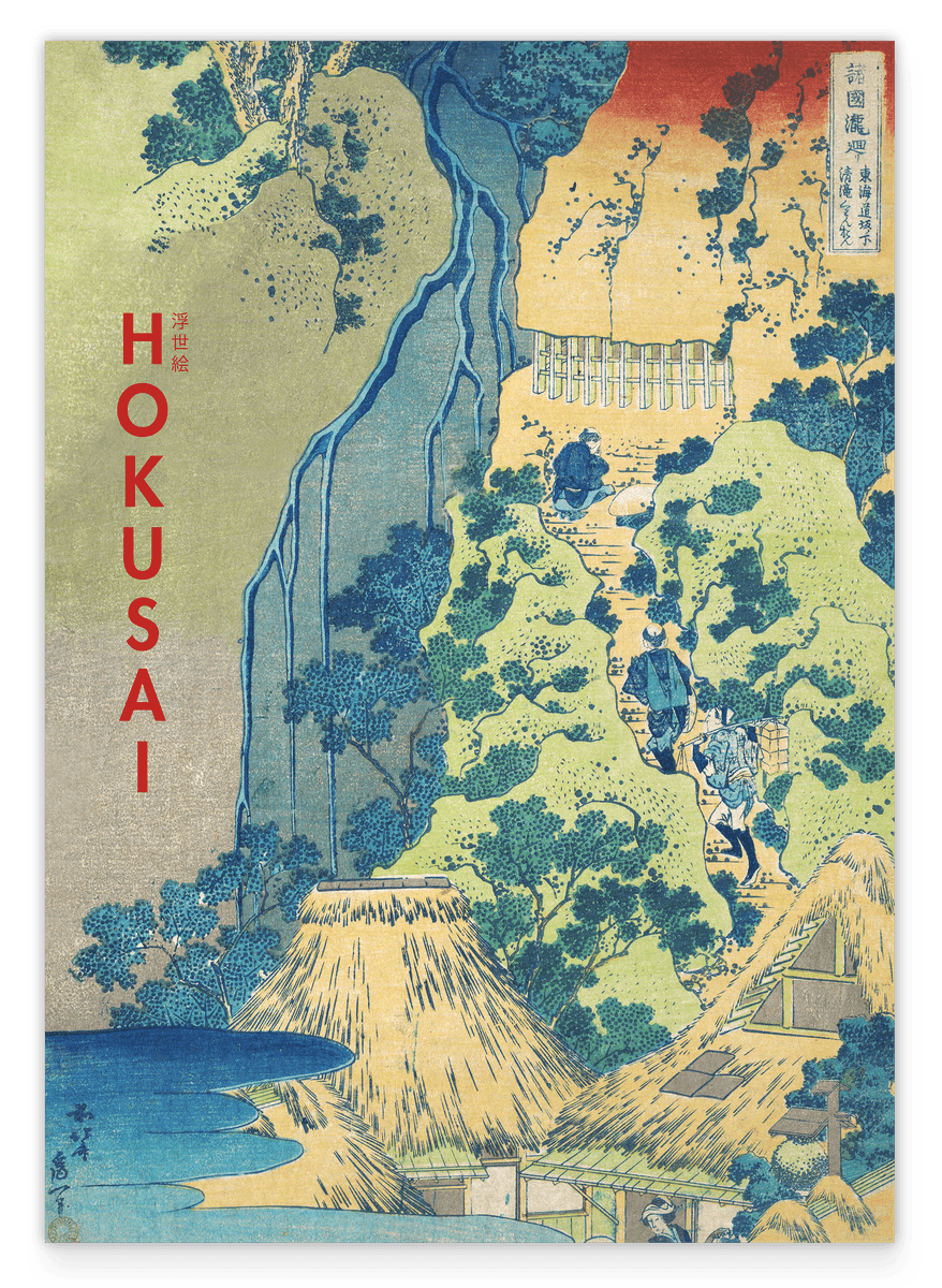 Katsushika Hokusai - Kiyotaki Kannon Wasserfall bei Sakanoshita am Tōkaidō - Museum-Poster II mit Schriftzug