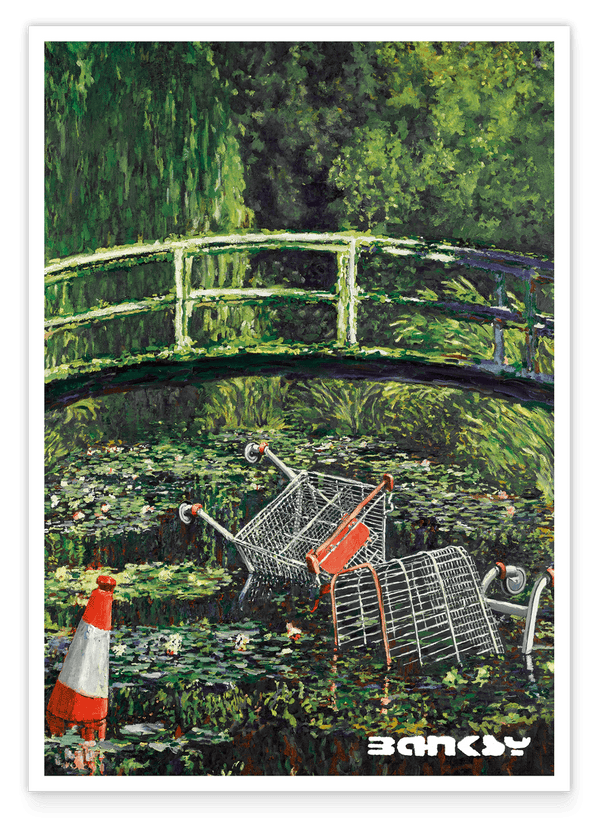 Banksy - Museum-Poster Müll im Seerosenteich vor Japanischer Brücke - Anlehnung an Claude Monet