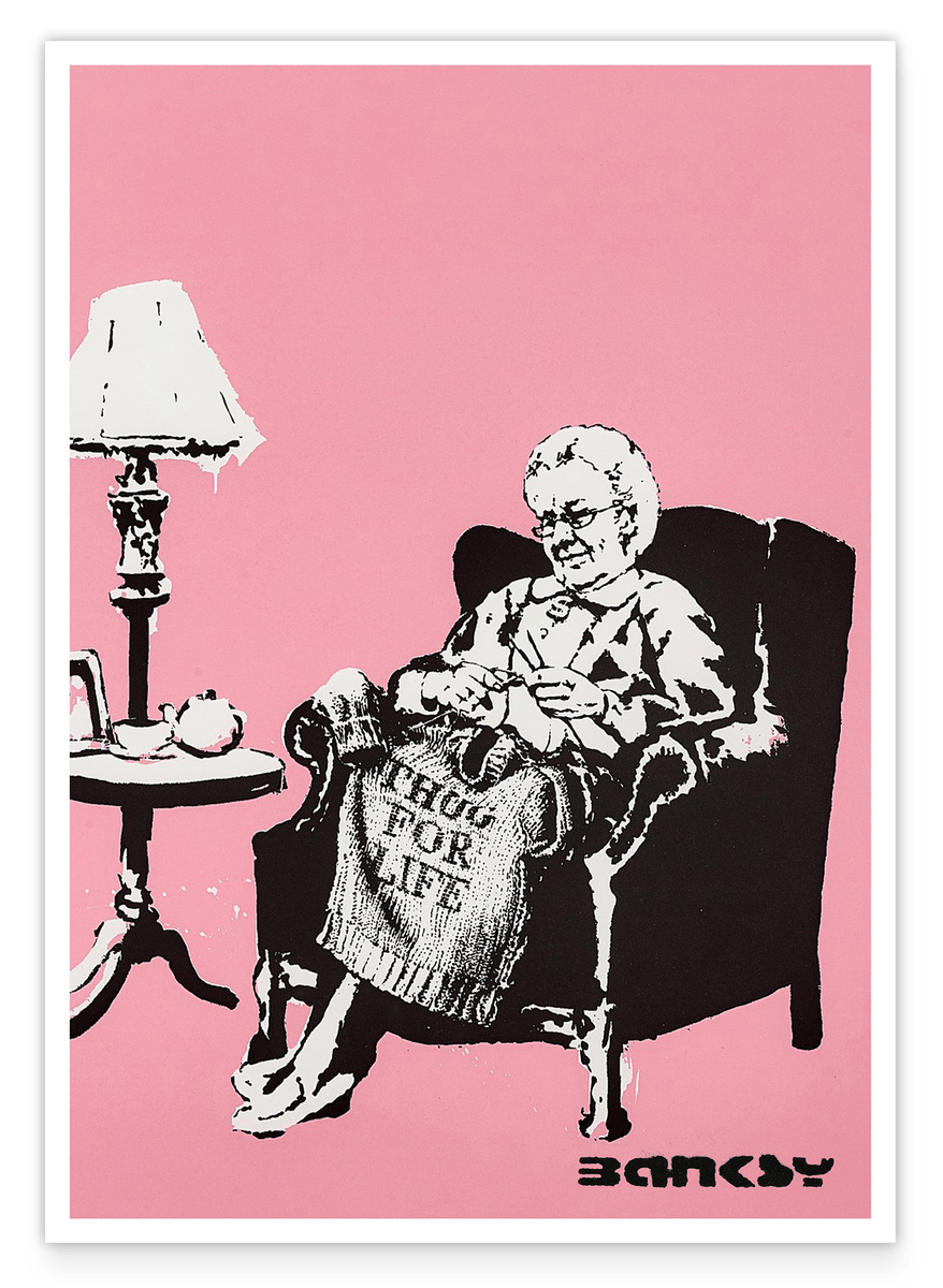 Banksy - Museum-Poster Oma strickt Pullover mit Aufschrift: 