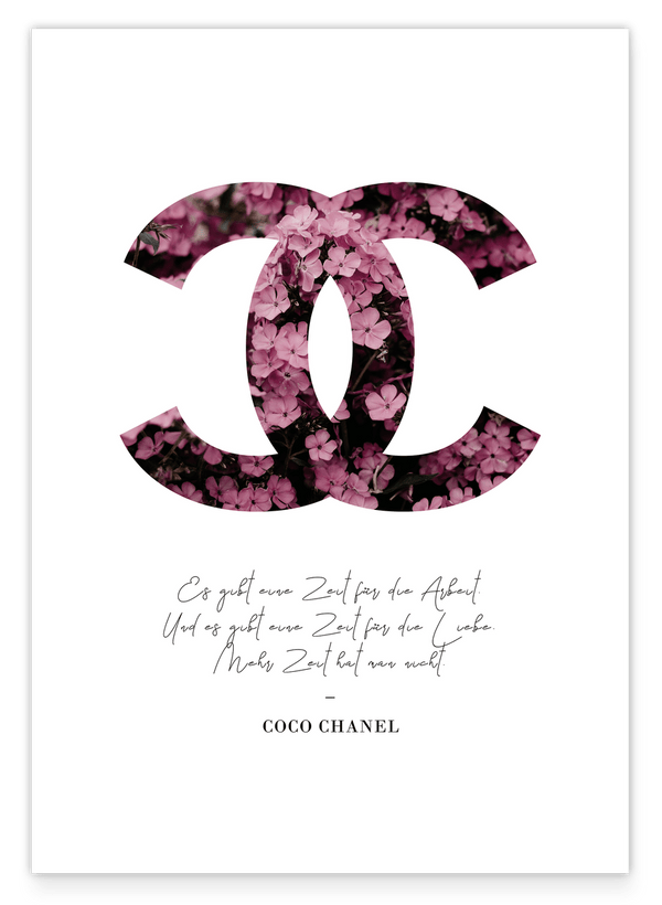 Mode Logo mit rosa Blumen - Zitat von Coco Chanel auf Deutsch