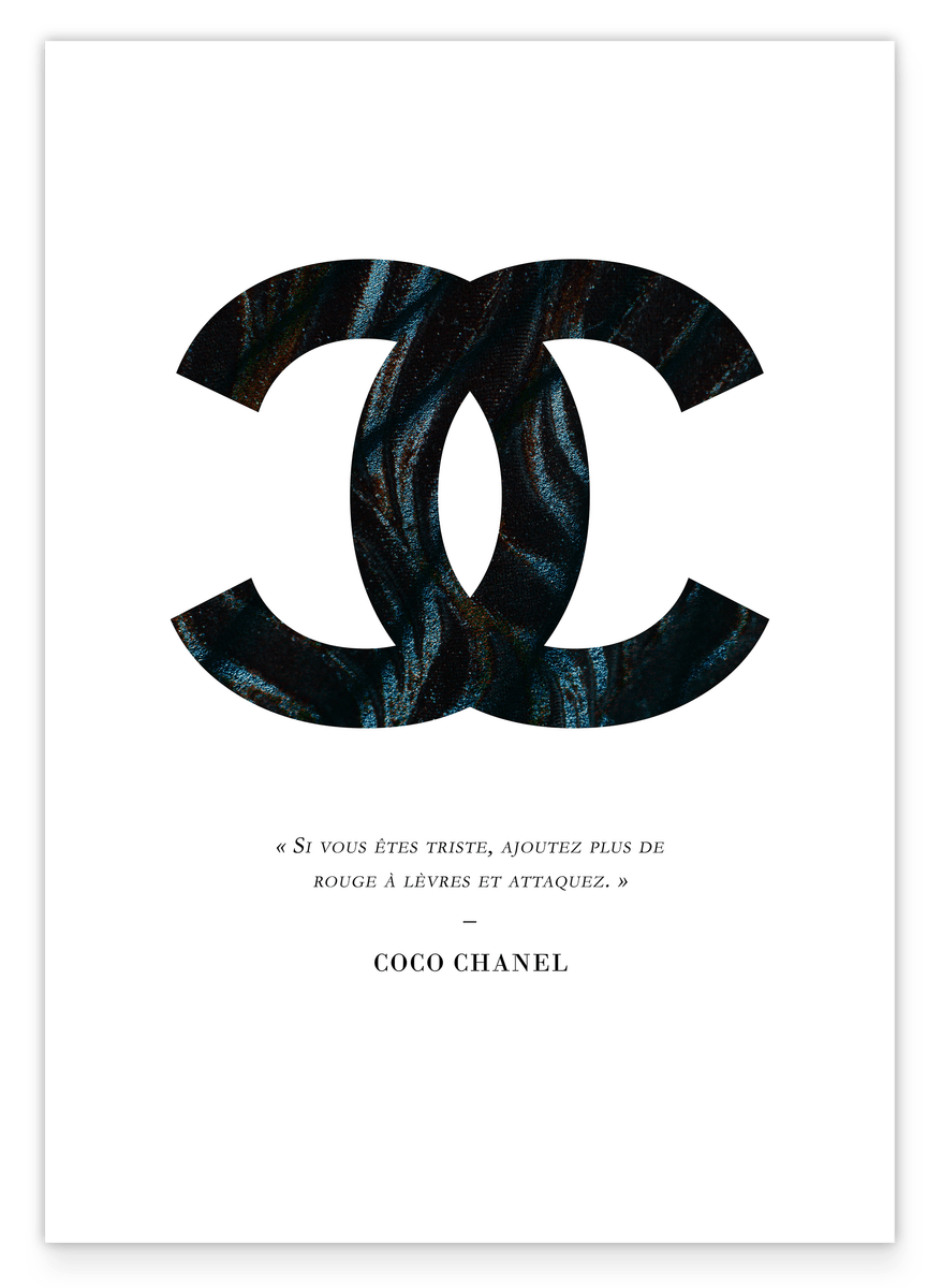 Coco Chanel Logo mit dunklem Muster und Zitat