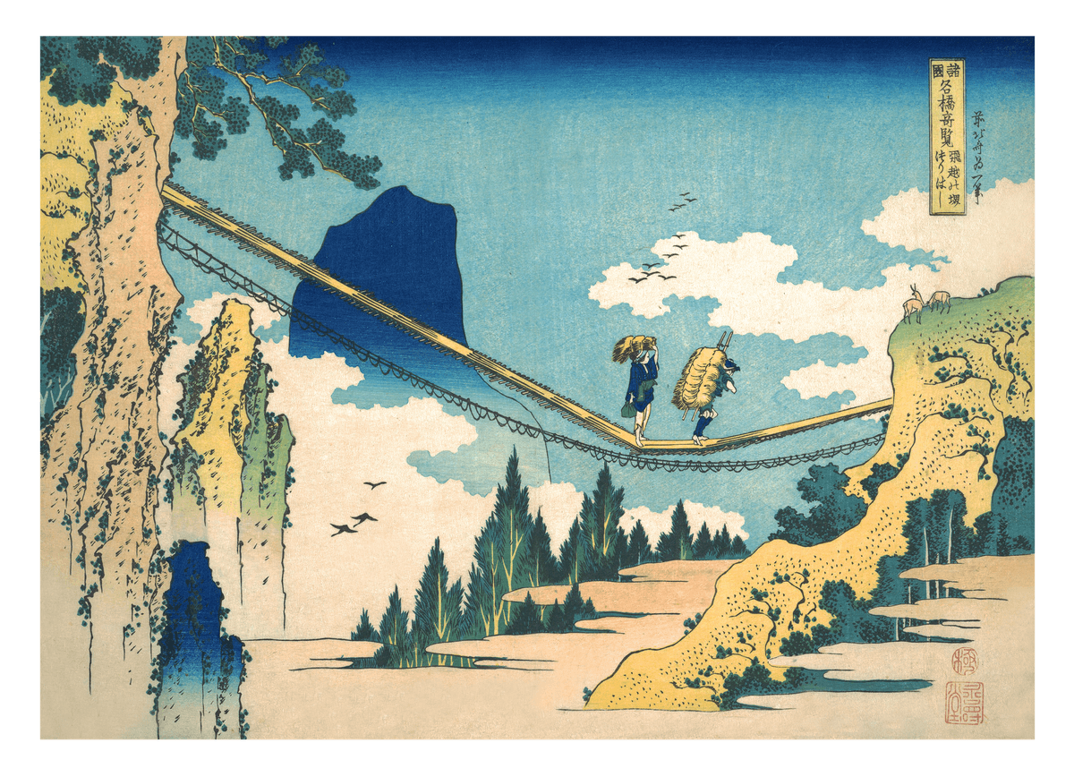 Katsushika Hokusai - Die Hängebrücke an der Grenze der Hida und Etchū Provinzen im Querformat (Hietsu no sakai tsuribashi)