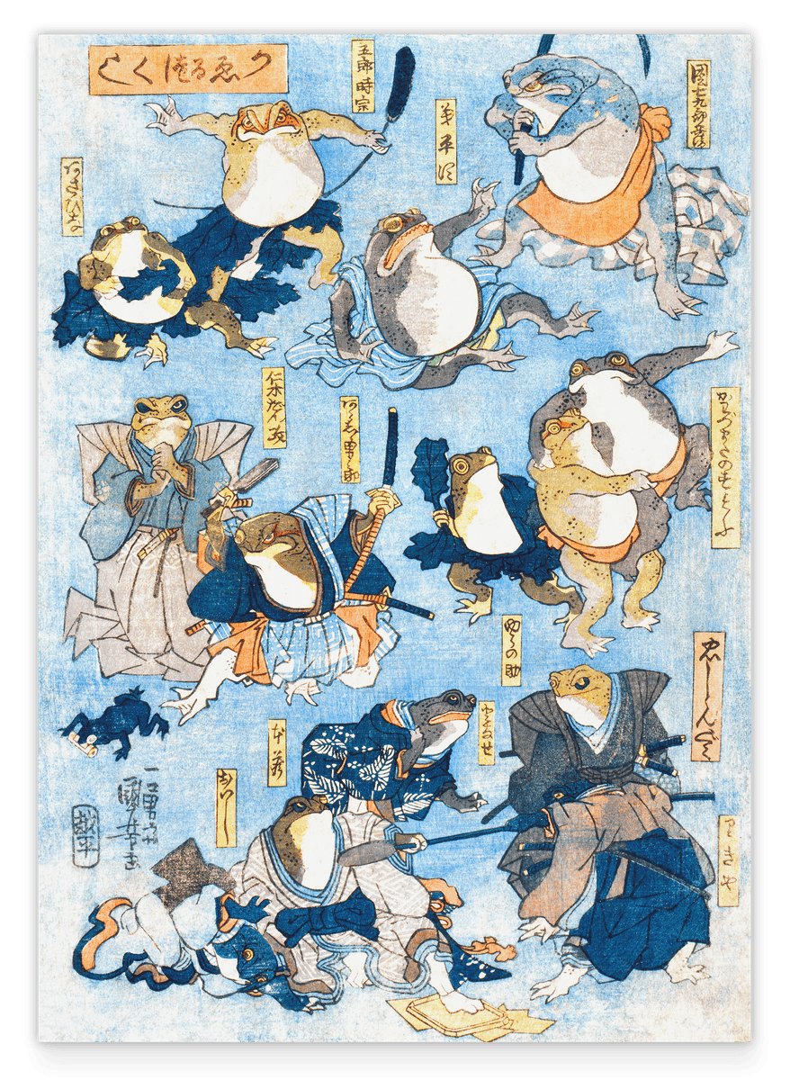 Utagawa Kuniyoshi - Frösche spielen berühmte Helden der Kabuki-Bühne