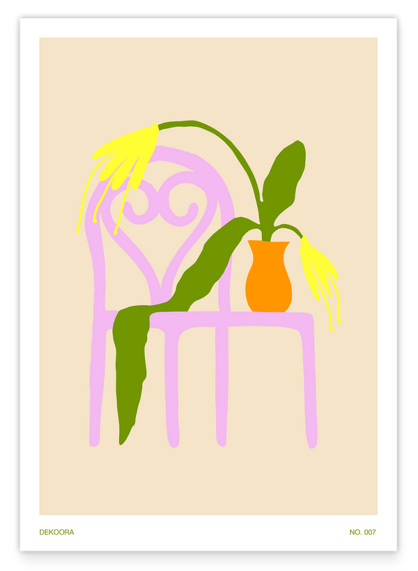 Boho Blumenvase auf rosa Stuhl
