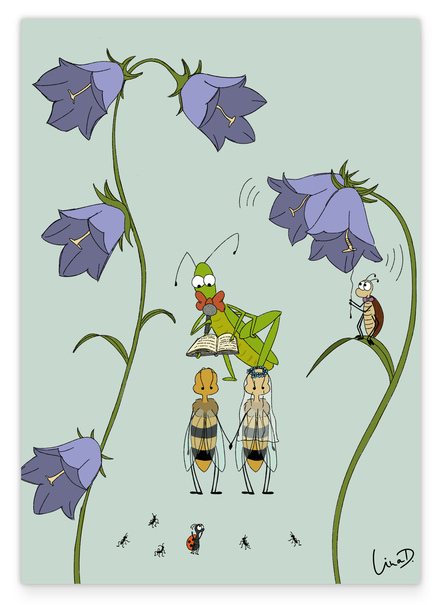 Bienenhochzeit - Süße Tierzeichnung, Natur-Illustration für das Kinderzimmer