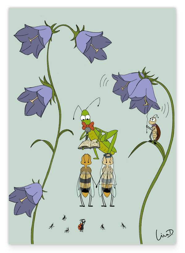 Bienenhochzeit - Süße Tierzeichnung, Natur-Illustration für das Kinderzimmer