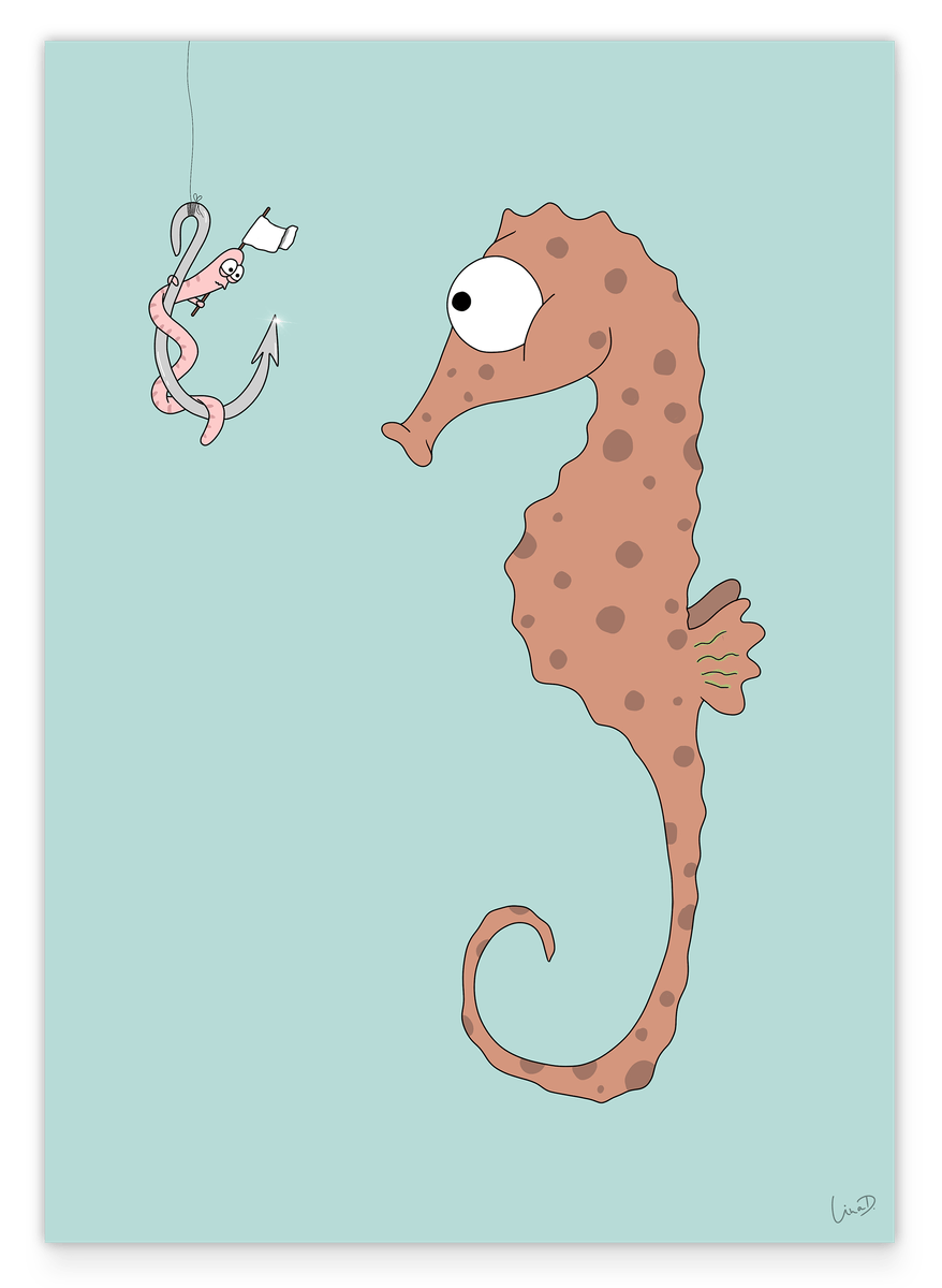 Verhandlungen - Lustige Tierzeichnung mit Seepferdchen und Wurm - Illustration für Kinder