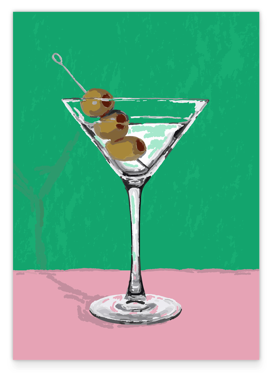 Martini Cocktail Illustration mit Oliven in Grün-Pink
