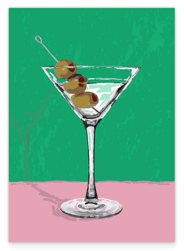 Martini Cocktail Illustration mit Oliven in Grün-Pink