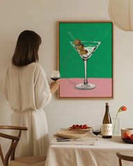 After Hover: Martini Cocktail Illustration mit Oliven in Grün-Pink