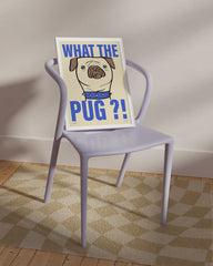 After Hover: What the Pug? Mops Zeichnung mit blauer Schrift