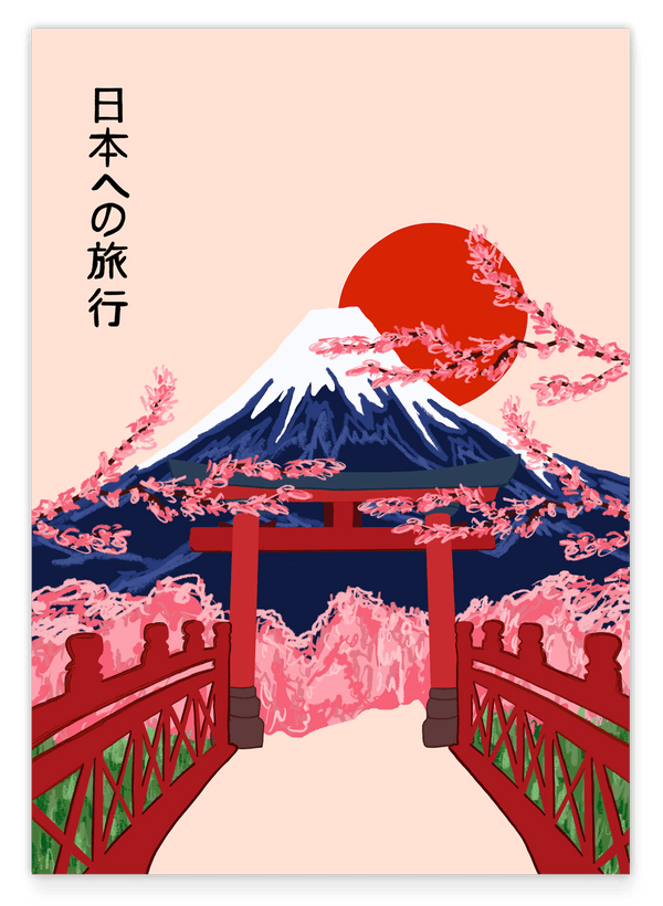 Japan - Vulkan mit Kirschblüten vor roter Sonne