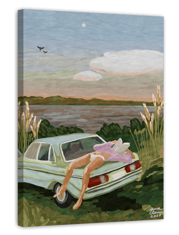 Summer Drive to the Lake: Lesende Frau am See