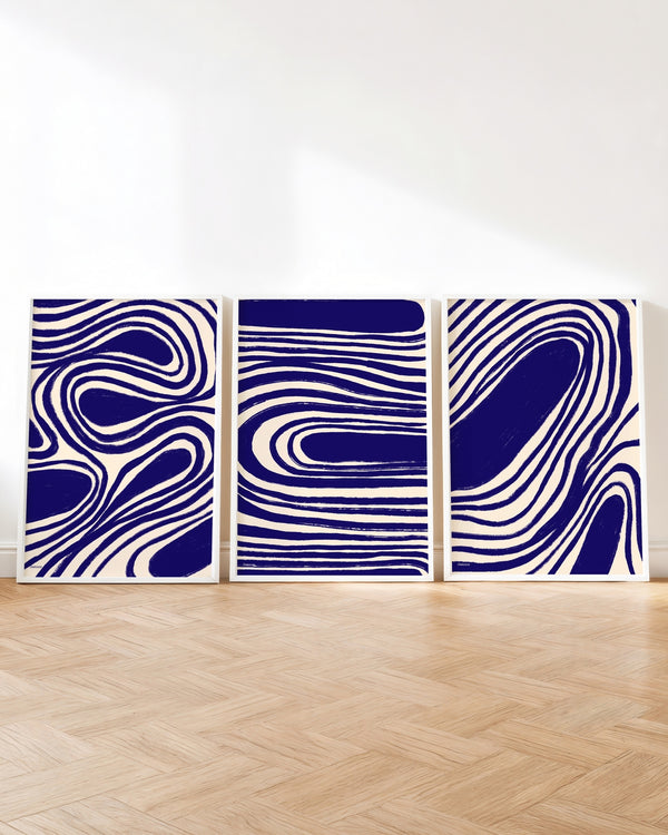 Set aus 3 Postern: Abstrakte Linien in Blau