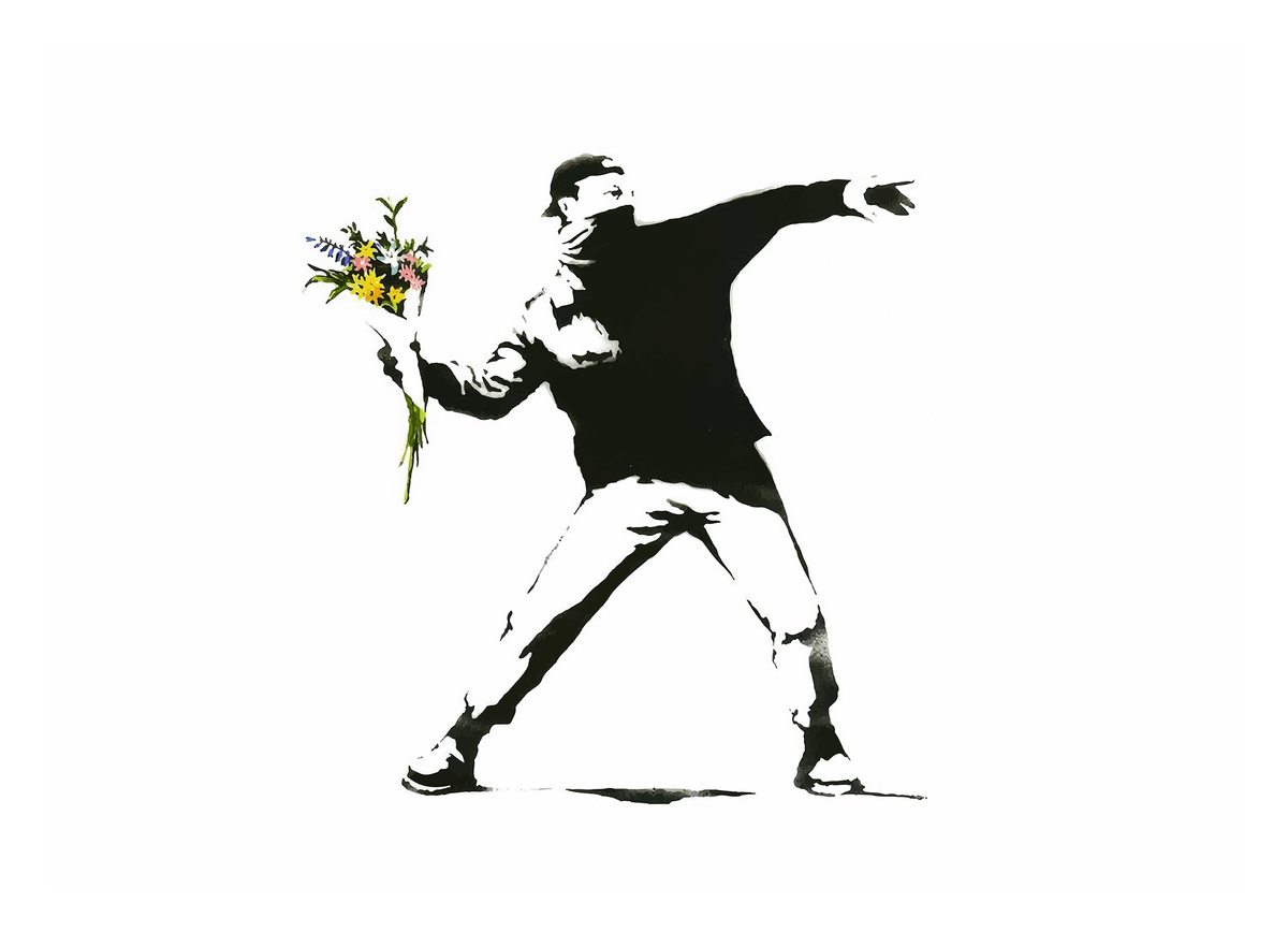 Banksy - Autonomer wirft mit Blumenstrauß statt Molotow