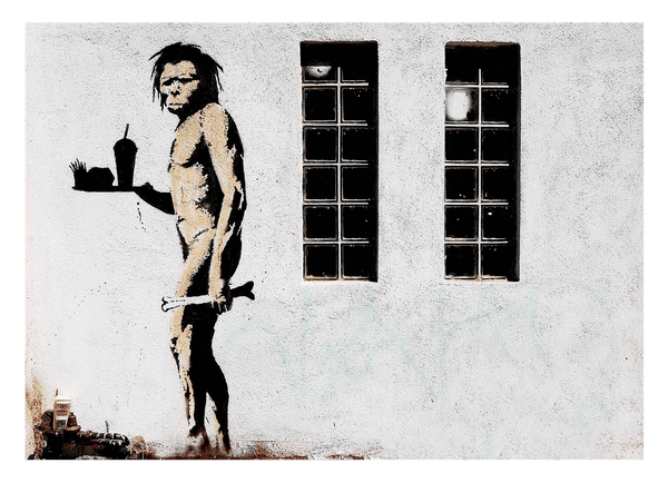 Banksy - Neandertaler mit Knochen und Fastfood Restaurant Menü Street Art Graffiti