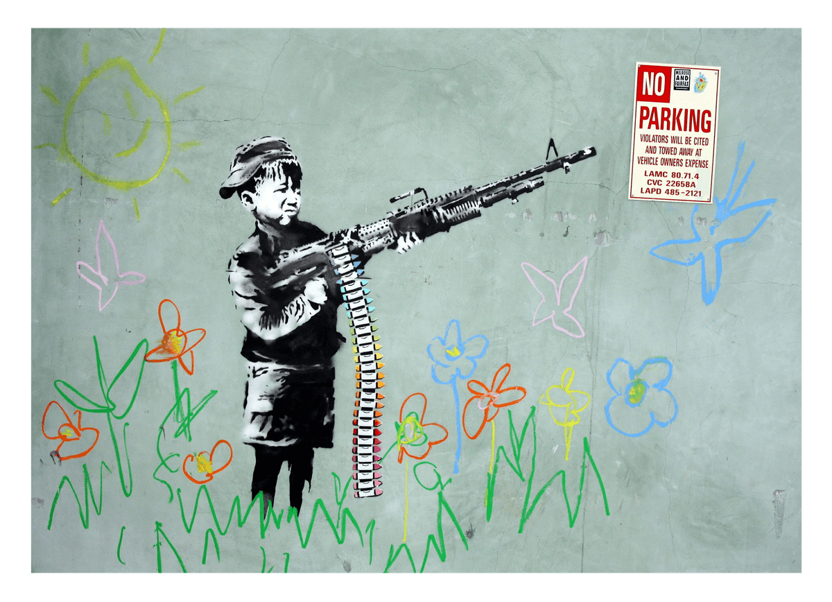 Banksy - Kind Junge schießt mit Farbstiften auf Fahrverbots-Schild Graffiti cool hip stylisch
