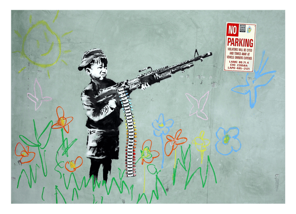 Banksy - Kind Junge schießt mit Farbstiften auf Fahrverbots-Schild Graffiti cool hip stylisch