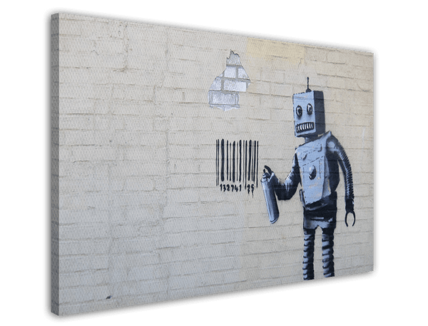 Banksy - Roboter Robot sprüht Bar-Code auf Wand Graffiti-Wandbild cool stylisch modern urban