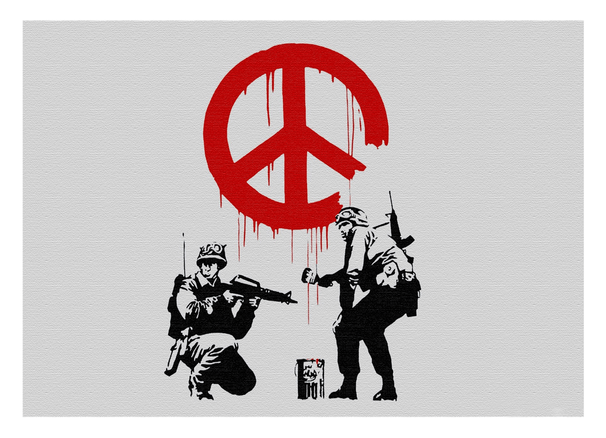 Banksy - Soldaten malen Peace Symbol soldiers Peace heller Hintergrund