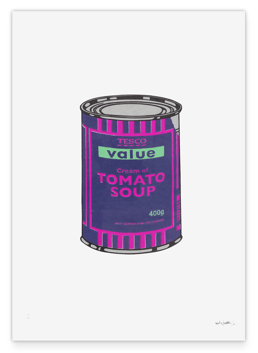 Banksy Dose - Tomato Soup in Lila - Moderner Street Art Kunstdruck von Klein bis Groß