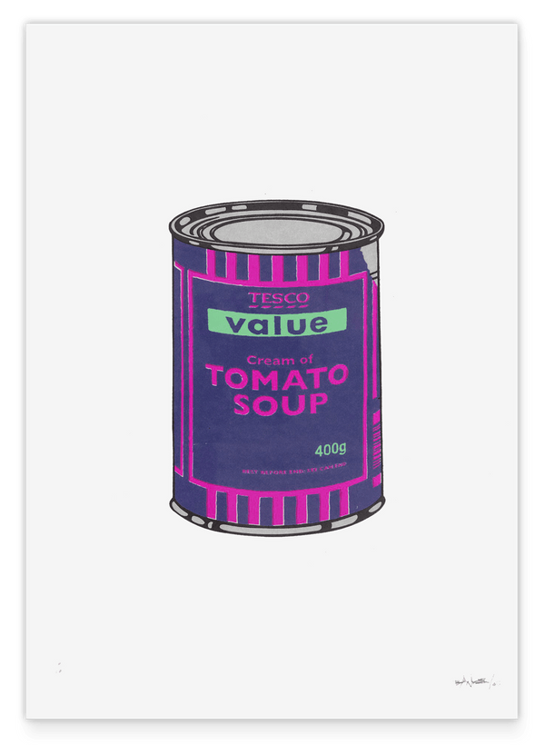 Banksy Dose - Tomato Soup in Lila - Moderner Street Art Kunstdruck von Klein bis Groß