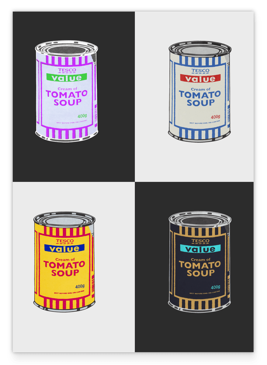 Banksy Dose - Tomato Soup Kollage in Schwarz-Weiß - Pop Art Kunstdruck Modern Street-Art
