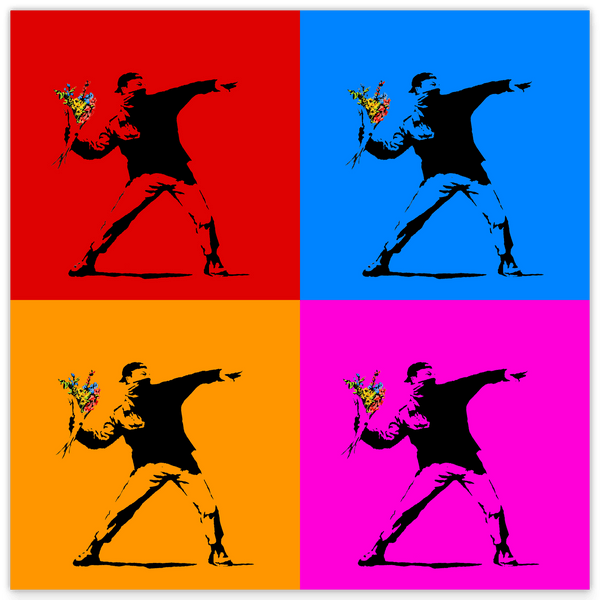 Banksy Mann wirft Blumen in 4 Farben - Activism Collage- Modern Street-Art - Kunstdruck Klein bis Groß XXL - Geschenk Wohnzimmer, Schlafzimmer
