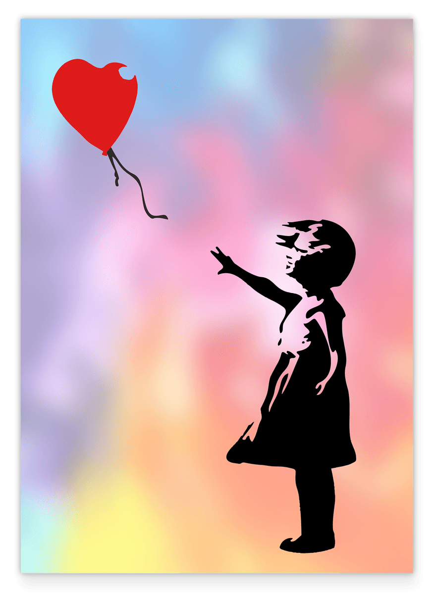 Banksy Mädchen mit Herz Luftballon auf buntem Hintergrund - Moderner Street-Art Kunstdruck