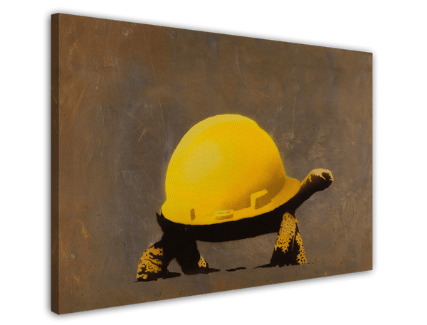 Schildkröte mit Helm, Street-Art Banksy Klimaschutz - Moderner Kunstdruck Canvas - Wohnzimmer, Inneneinrichtung Deko